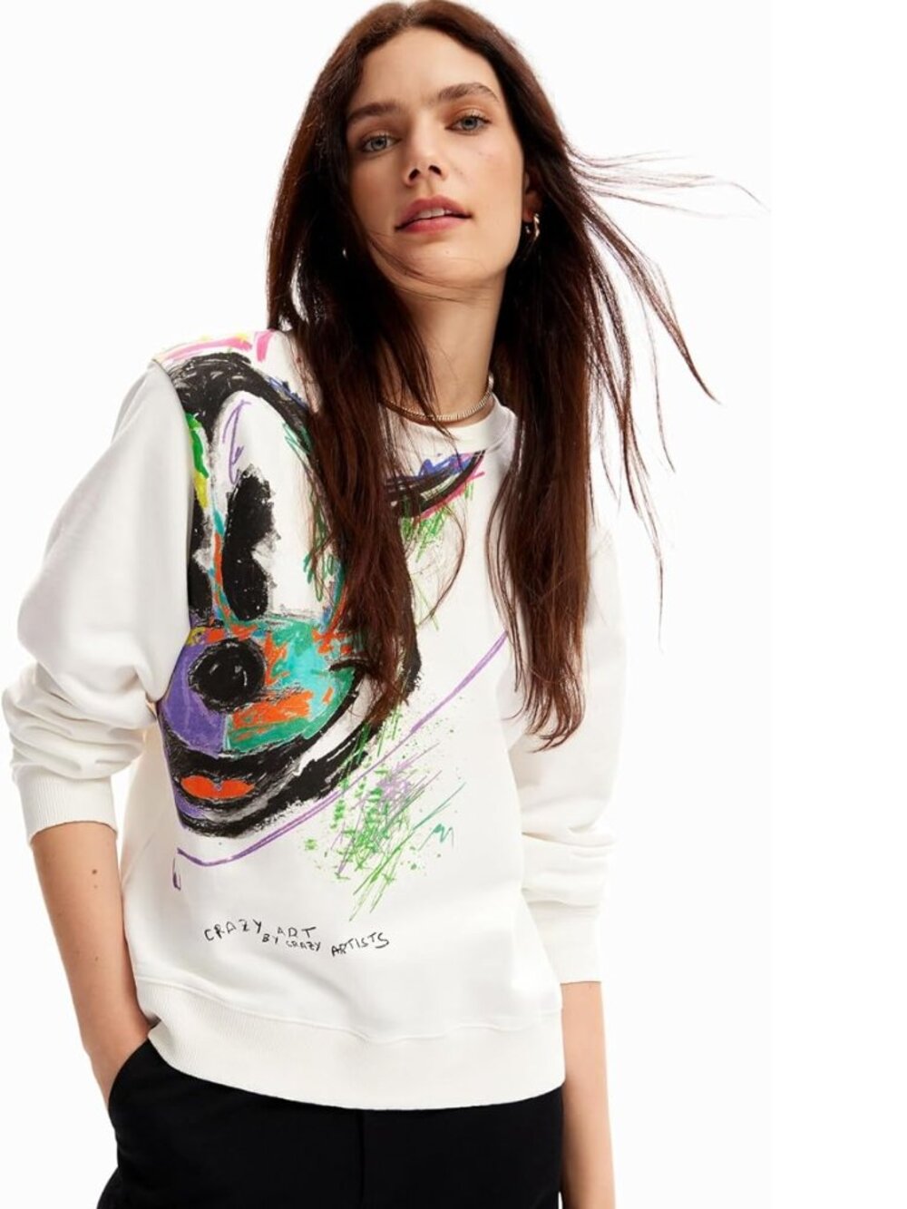 Desigual Mickey Arty Sweater Women's Size L White Cotton